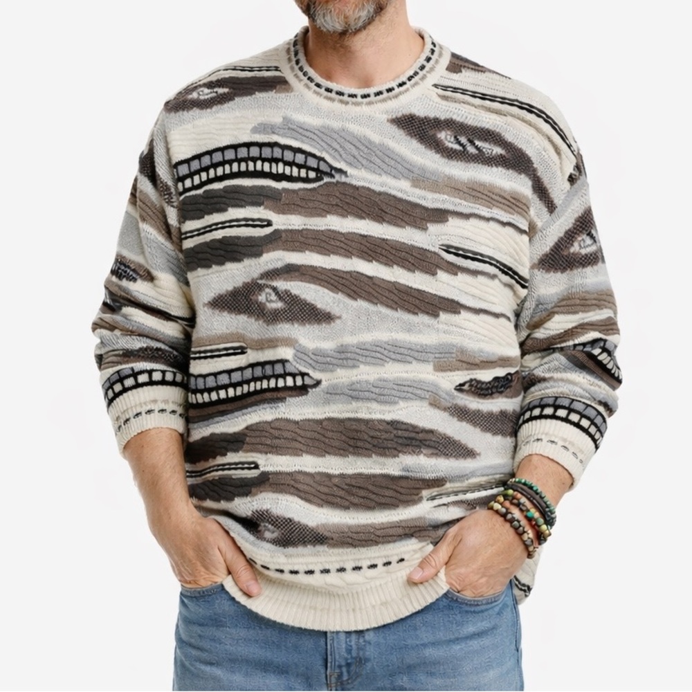 Vtg Protege Chunky Knit Sweater Mens XL‎ Ivory Beige Textured Abstract Grandpa